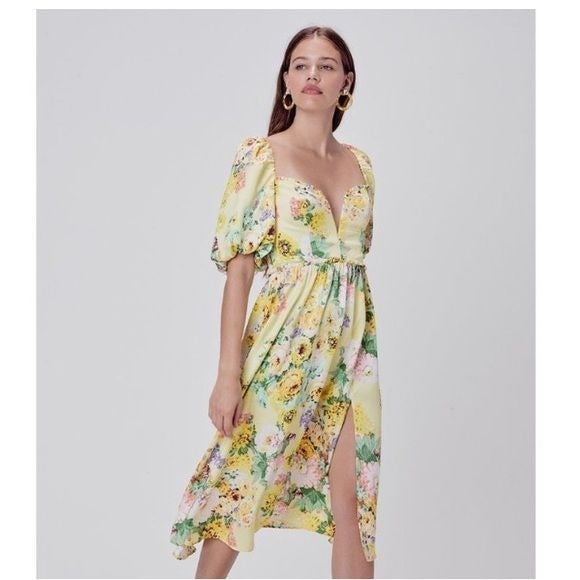 For Love & Lemons || Leigh Floral Midi Dress Plunge V-Wire Yellow Small