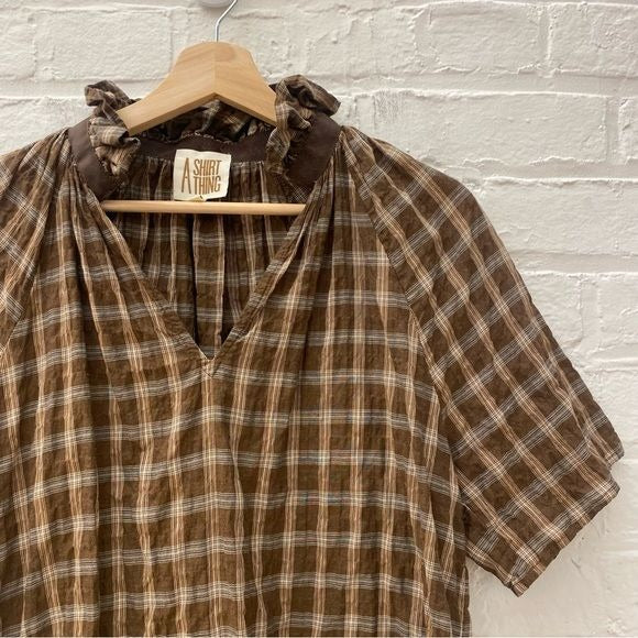 A Shirt Thing || Margot Plaid Top in Hazelnut Brown Ruffle Standing Collar P