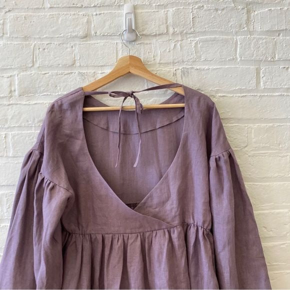 Wavy Linen || Heidi Dress Low Back Bishop Puff Sleeve in Dusty Plum Purple XS/S