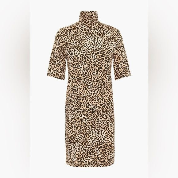 Enza Costa || Leopard-Print Stretch Jersey Turtleneck Mini Dress Tan