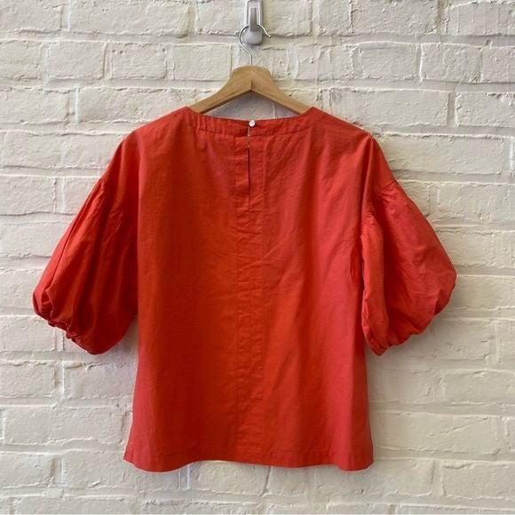 Oliphant || Puff Sleeve Cotton Poplin Blouse Top Coral Red XS