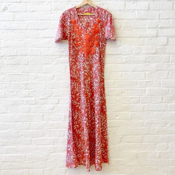 Roller Rabbit || Block Print Embroidered Maxi Dress Kaftan Floral Red Small