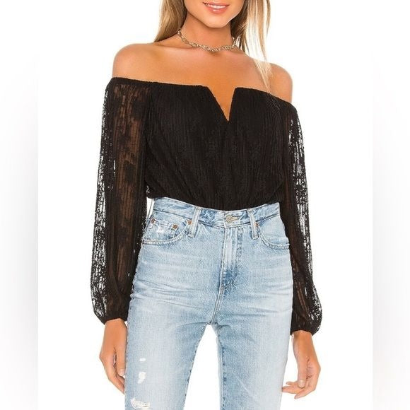 NBD x Revolve || Kevin Bodysuit Long Sleeve V-Wire Lace Black Small