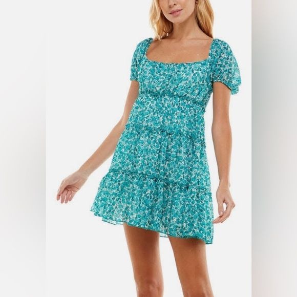 Trixxi || Tiered Floral Mini Dress Smocked Back Teal Large