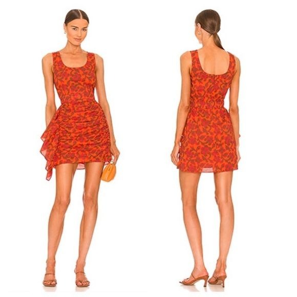 Rhode || Tilda Floral Mini Dress with Ruffle Orange XS