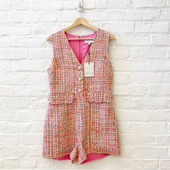 Adelyn Rae || Bailey Tweed Romper Pearl Button Hot Pink Small NWT