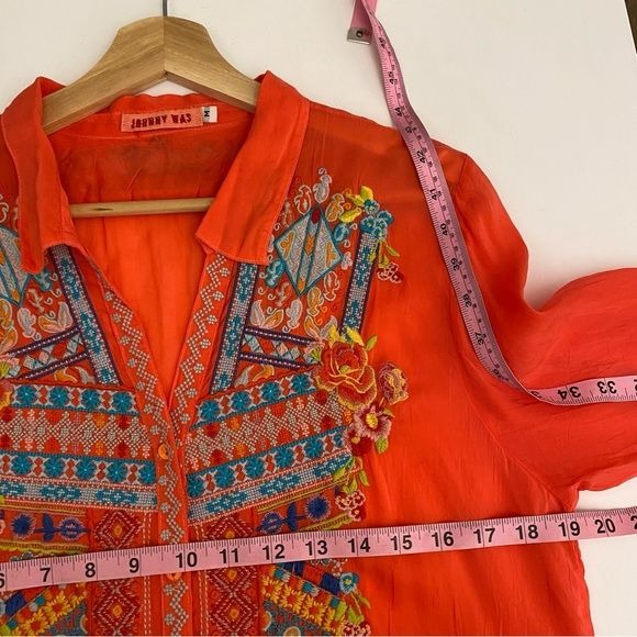 Johnny Was || Embroidered Button Down Tunic Shirt Dress Coral Medium