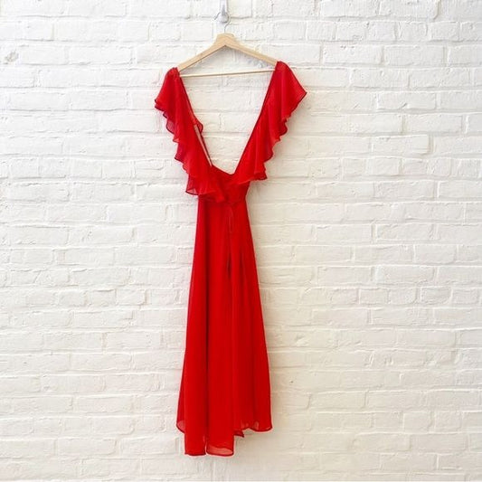 Anthropologie || Yumi Kim Bouquet Wrap Ruffle Midi Dress Backless Red Small