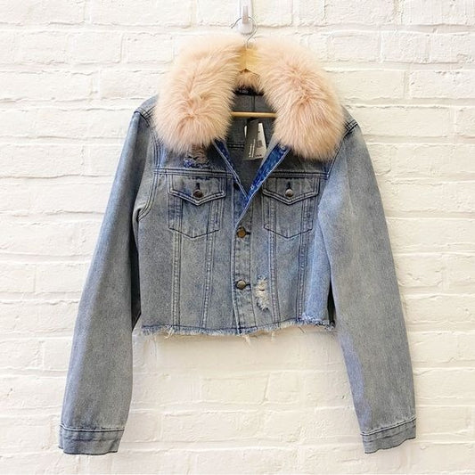 Ava & Kris || Hailey Fox Fur-collar Denim Jacket In Peach Small NWT