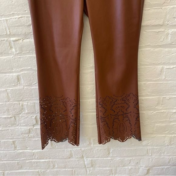 Anthropologie || Laser-Cut Faux Leather Trousers Crop Flare Cognac Brown 4