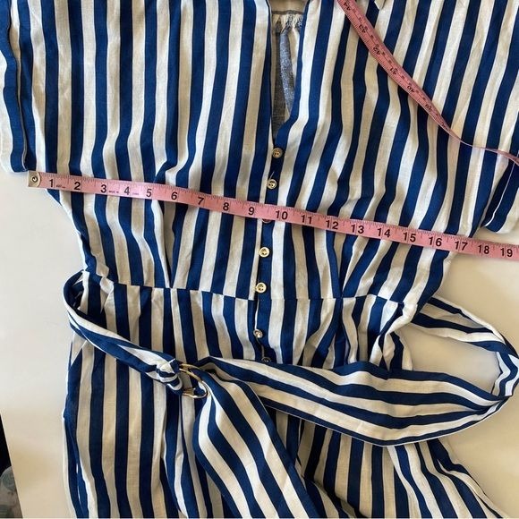 Zara || Striped Linen Blend Belted Shirt Dress Fit Flare Midi Blue Small