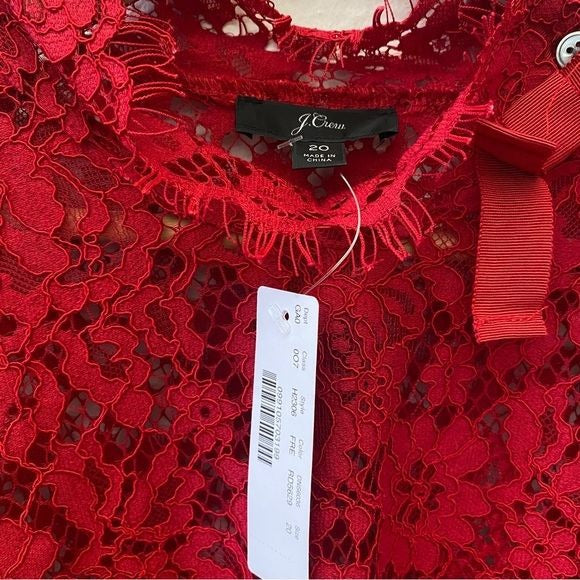 J. Crew || Mockneck Top in Floral Lace Bow Detail Holiday Party Red 20 NWT