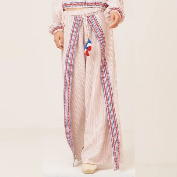 Anthropologie || LAIA Yasemin Embroidered Wide Leg Boho Pants Tassels Beige M