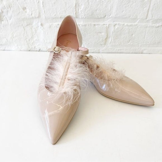 Pretty Ballerinas || Feather T-Strap Patent Flats Pointed Toe Blush Pink 39