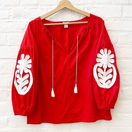 J. Crew || Embroidered Peasant Blouse Puff Sleeve Tassels Red White