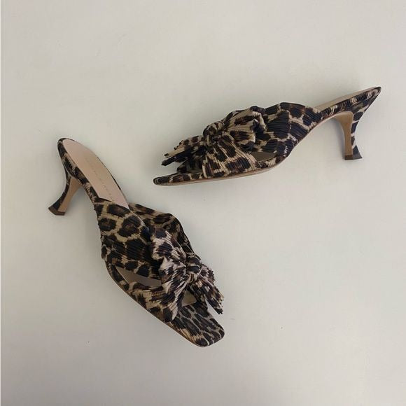 Loeffler Randall || Eugenia Pleated Knot Bow Square Toe Slides Leopard 9.5