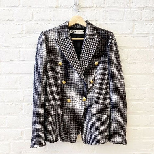 Zara || Double Breasted Houndstooth Blazer Gold Buttons XS