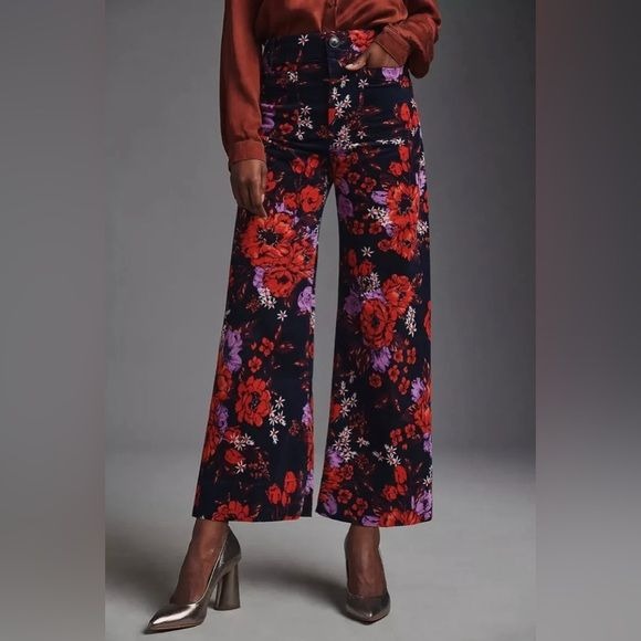 Anthropologie || Maeve The Colette Cropped Wide-Leg Velvet Pants Floral Black 26