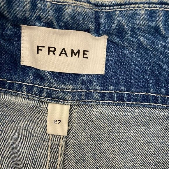 Frame || High Rise Darted Wide Leg Denim Jean Shorts Long Raw Hem Blue 27