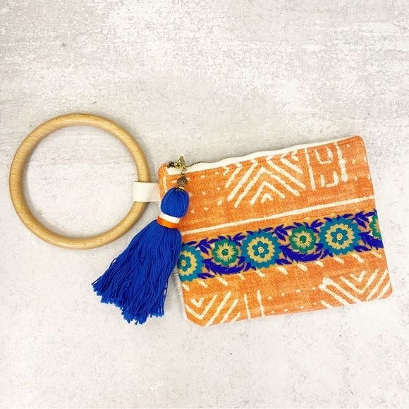 L&L Huddleston || Floral Tassel Bracelet Clutch Wristlet Orange Blue Ponyhair