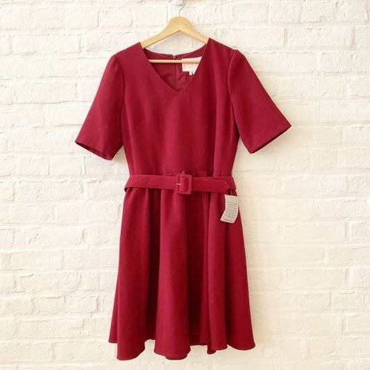 Gal Meets Glam || Clara Fit and Flare Belted Dress Burgundy Wine Red 10 NWT