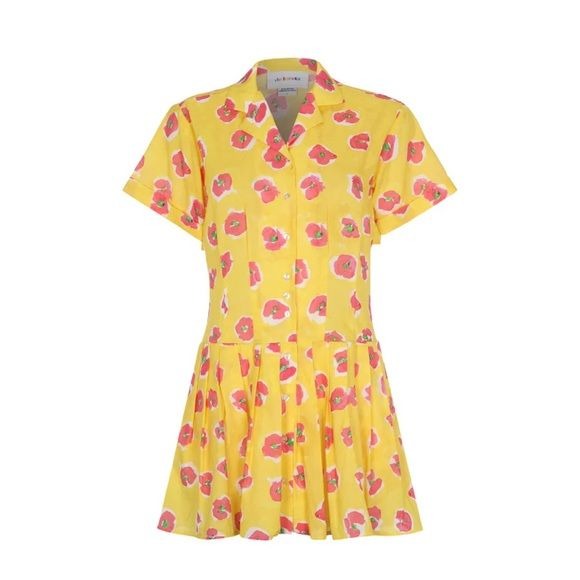 de Loreta || Thalia Mini Dress Begonia Drop Waist Shirt Dress Floral Yellow XS