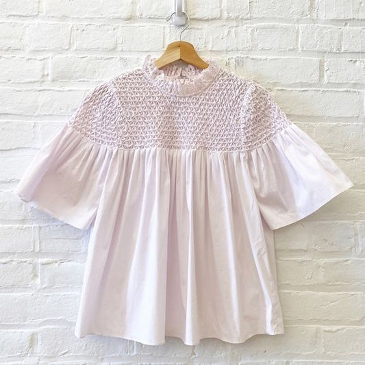 Rebecca Taylor || Short Sleeved Sateen Smock Top High Eyelet Neck Blush Pink 6