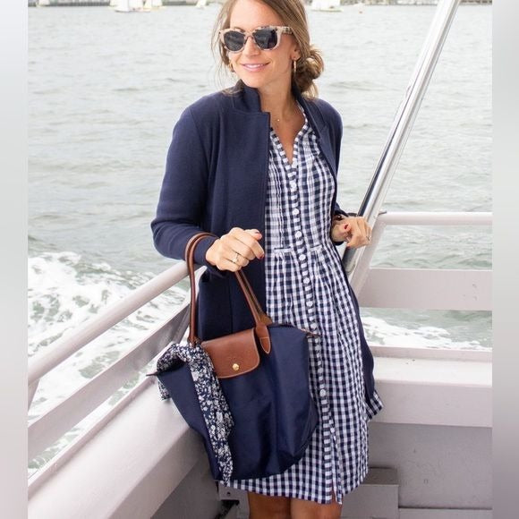 Madison Mathews || Juliette Cotton Shirtdress Mini Dress in Navy Gingham Large