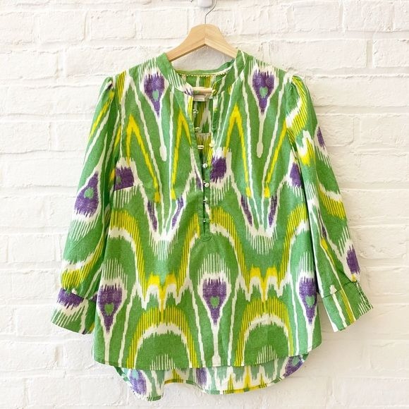 Anthropologie || Sharona Henley Top Blouse Ikat Pattern Green Purple Medium