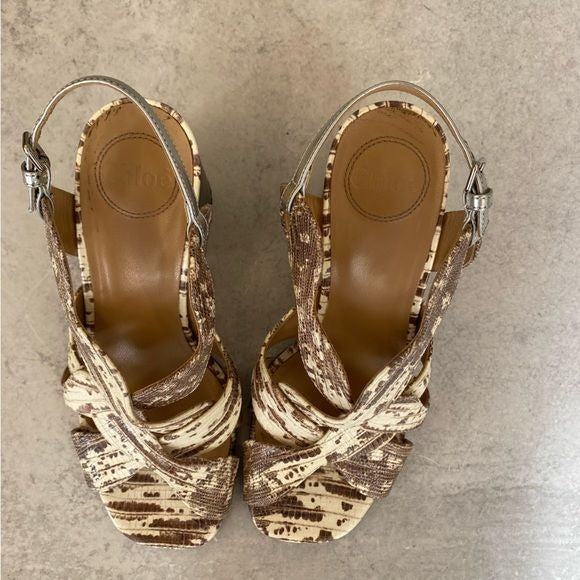 Chloe || Lauren Lizard Snake Reptile Chunk Heeled Strappy Sandals Tan Cream 37