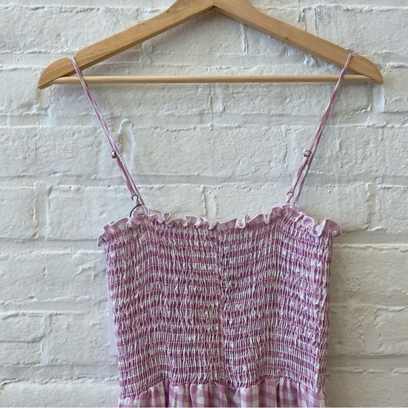 RESA || Ashley Smocked Midi Dress Slit in Montauk Purple Gingham Small NWT