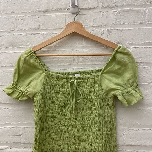 Faithfull the Brand || Cette Linen Smocked Mini Dress Puff Sleeve Green US 4