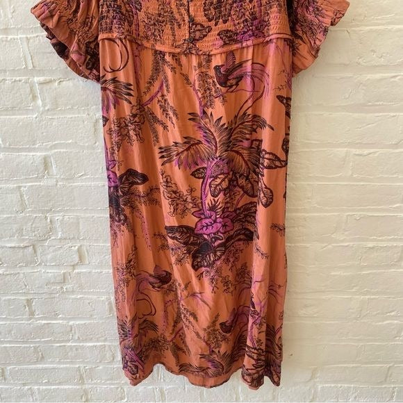 Anthropologie || Puff-Sleeve Smocked Midi Dress Bird Print Tie Back Orange M