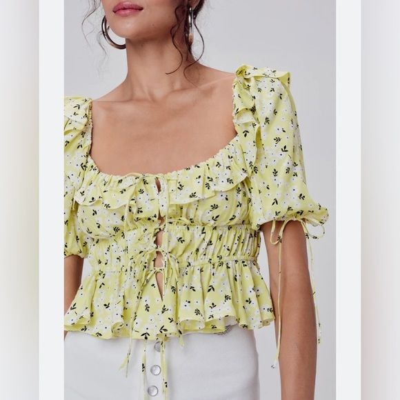 For Love and Lemons || Chrysanthemum Tie Front Blouse Top Floral Yellow Medium