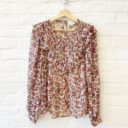 Sezane || Miro Blouse Ruffle Printed Bouquet Floral Pink Cream 36 US 4