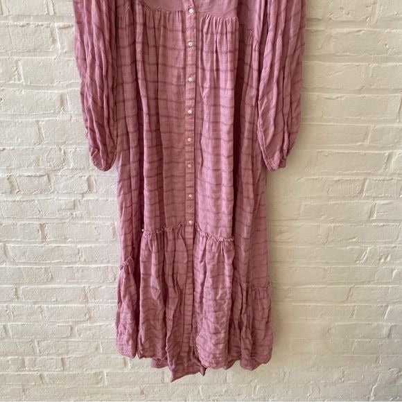 Free People || Edie Dress Long Sleeve Button Down Maxi in Light Pink Purple XL