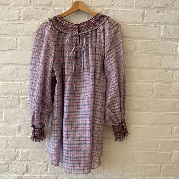 Leur Logette || Smocked Yoke + Cuff Checked Blouse Silk Blend Purple