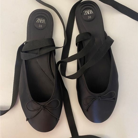 Zara || Satin Lace Up Ballerina Ballet Flats Black 38