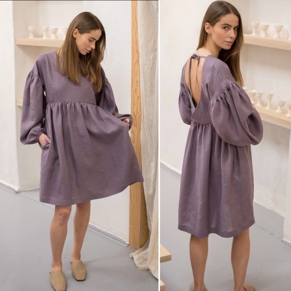 Wavy Linen || Heidi Dress Low Back Bishop Puff Sleeve in Dusty Plum Purple XS/S