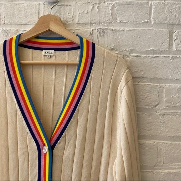 KULE || The Binx Striped Cardigan Rainbow Trim in Cream Medium