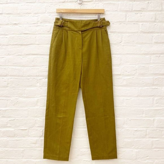 Sezane || Francky Trousers Buckle Linen Blend Olive Green Khaki 36 US 4