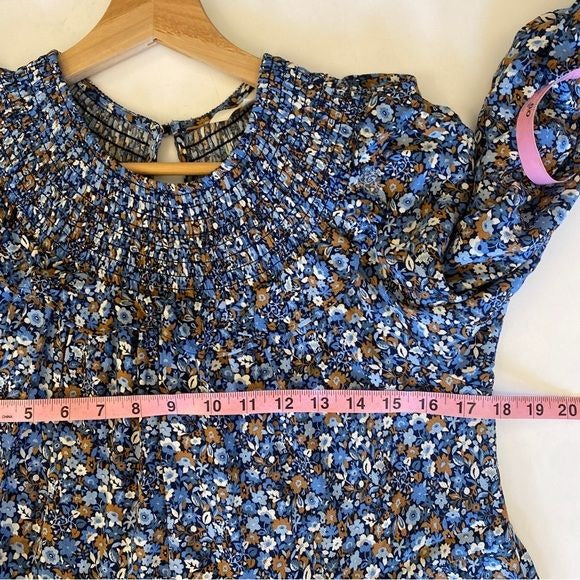 Boden || Smocked Yoke Tiered Long Sleeve Dress Ditsy Floral Blue 8