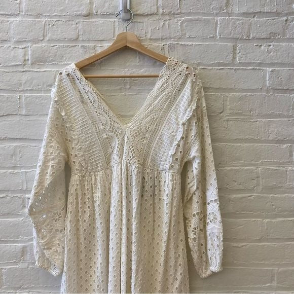 Anthropologie || Forever That Girl Lace Midi Dress Eyelet White Silver XS NWT