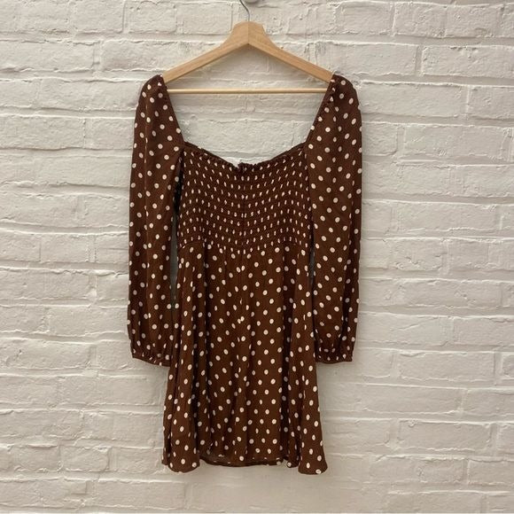 Reformation || Mochi Long Sleeve Mini Dress Brown Polka Dots 6