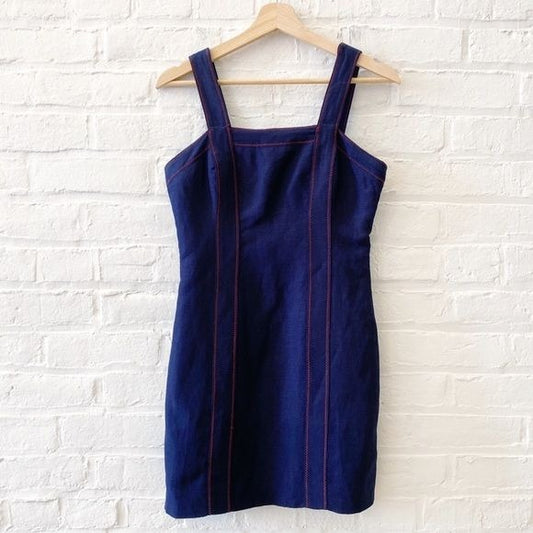 C/MEO Collective || Square-Neck Linen-Blend Mini Dress Navy Small