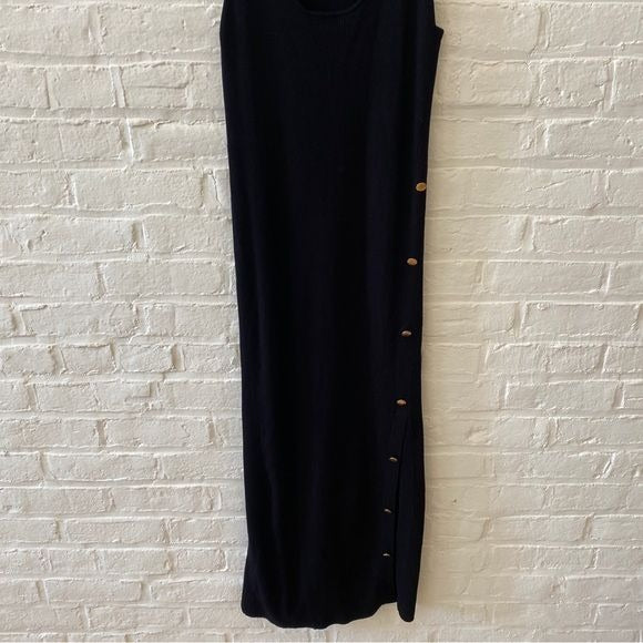 Zara || Side Slit Ribbed Knit Midi Dress with Buttons Black Medium