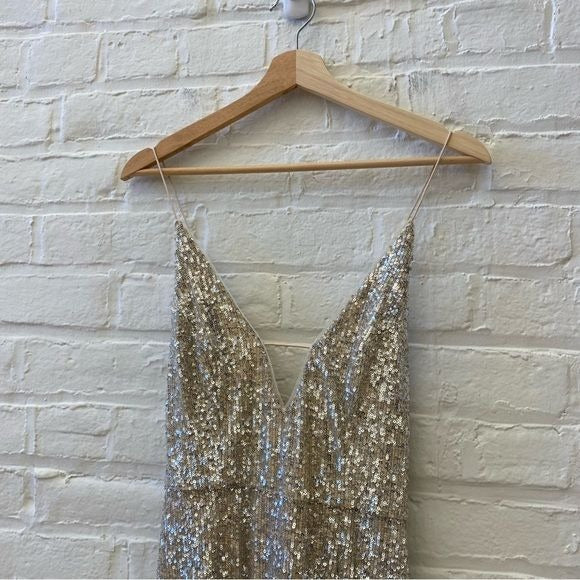 Aidan by Aidan Mattox || Sequined Column Gown Plunge Slit Gold Champagne 6