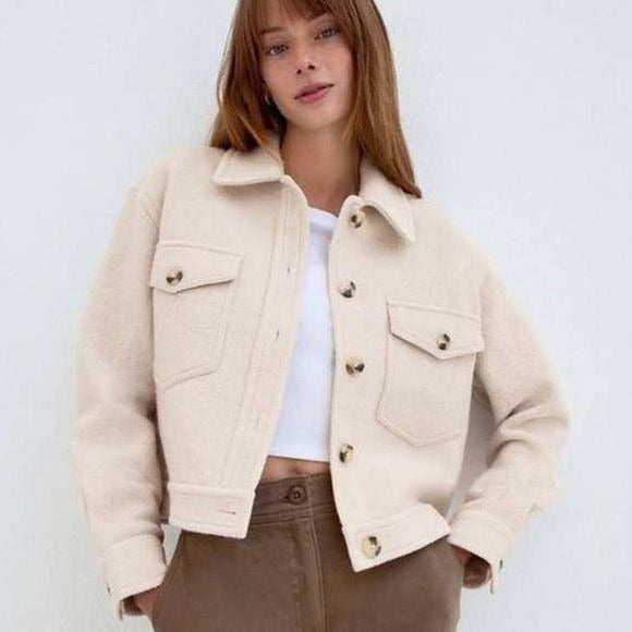 Aritzia || Wilfred Free Ganna Cropped Shirt Jacket Heather Bone Wool XXS