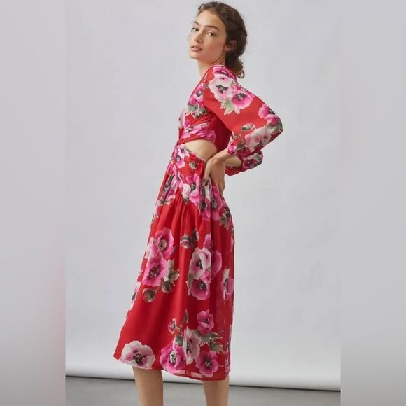 Anthropologie || Ranna Gill Long Sleeve Cutout Midi Dress Floral Red Pink S NWT