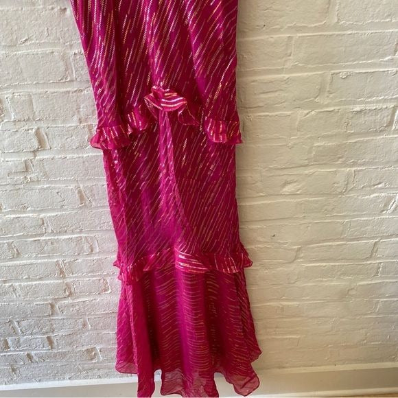 SALONI || Rita Silk Ruffled Gown Metallic Maxi Dress Magenta Pink US 4